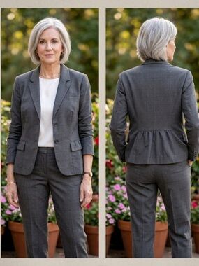 Banana Republic Grey Plaid Peplum Blazer Jacket Size 12 Dark Academia